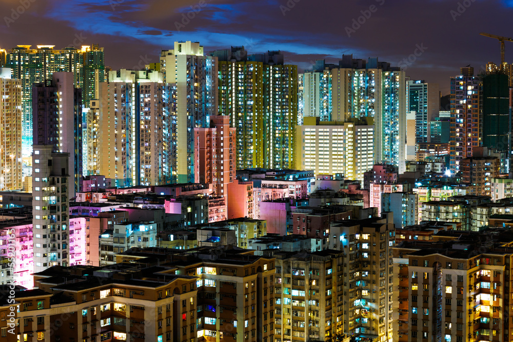 Apartment building in Hong Kong at night