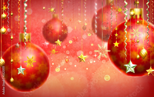 Christmass red abstract background with several decorations hang