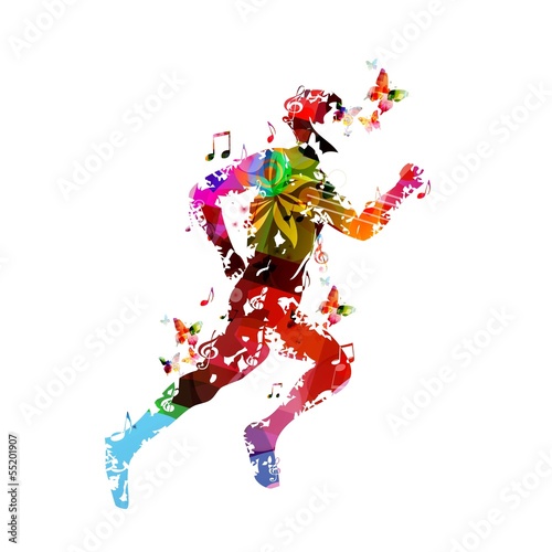 Colorful vector runner silhouette background with butterflies.