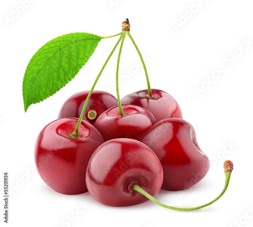 Isolated cherries. Pile of sweet cherry fruits with stems and leaf isolated on white background