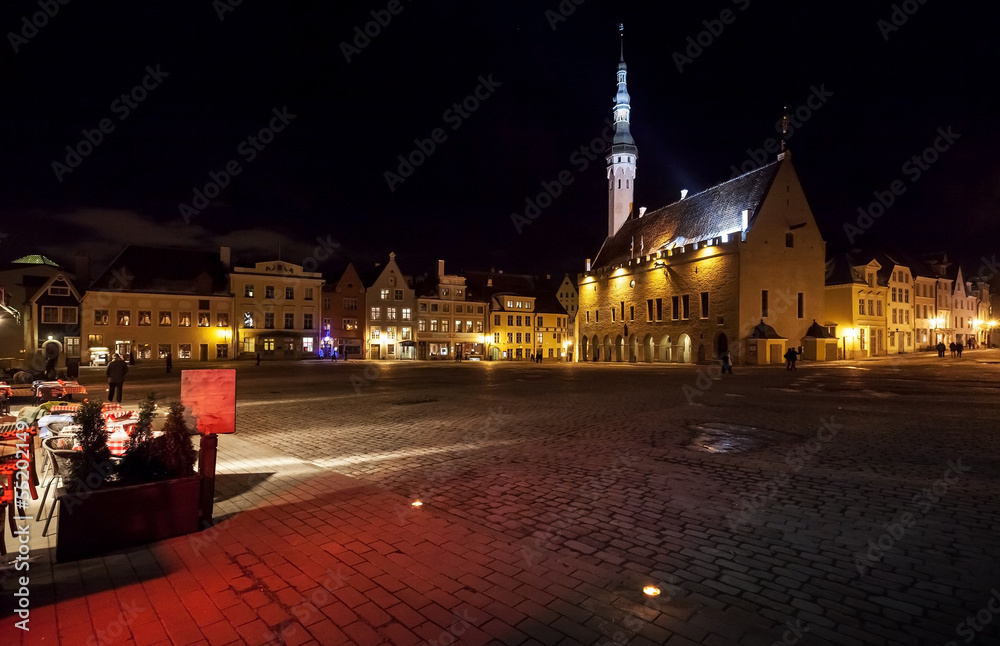 Illuminated town hall in old Tallinn at night