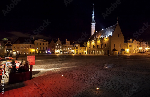 Illuminated town hall in old Tallinn at night