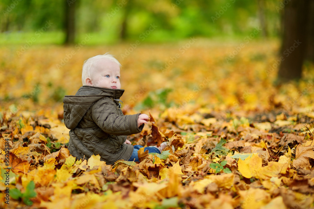 Adorable baby having fun on beautiful autumn day Adorable baby having fun on beautiful autumn day