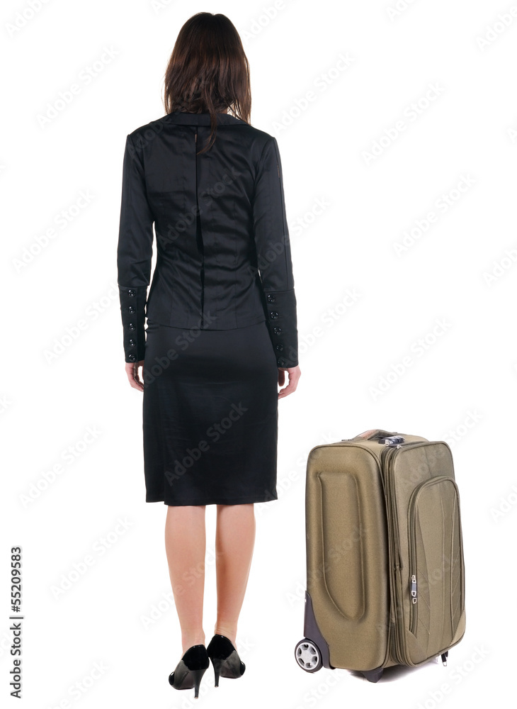 Back view of business woman  with  suitcase