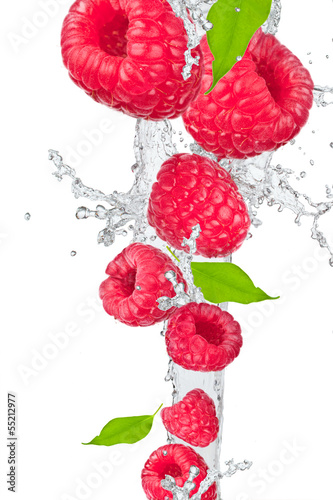 Water splash with raspberry and leaf
