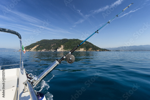 fishing rod on boat with island in background