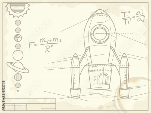 blueprint with spaceship and planets