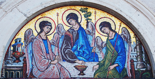 Artistic mosaic icon of three angels (Holy Trinity)