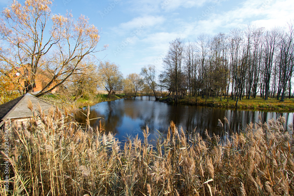 Autumn landscape with a river, trees and grass Autumn landscape with a river, trees and grass