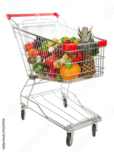 Different fruits and vegetables in trolley isolated on white