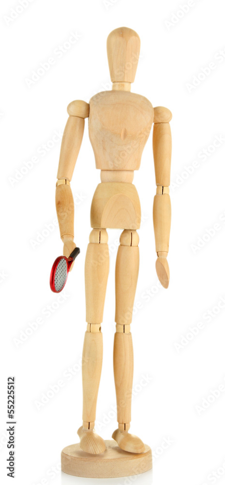 Wooden mannequin with tennis racket isolated on white Wooden mannequin with tennis racket isolated on white