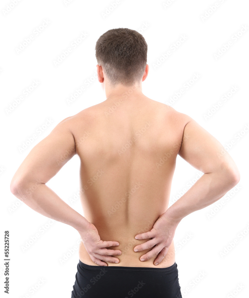 Young man with back pain, isolated on white Young man with back pain, isolated on white