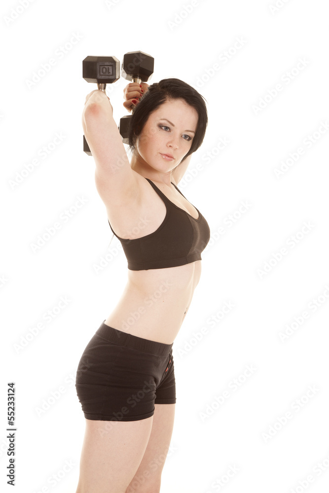 Woman fitness black outfit weights behind head
