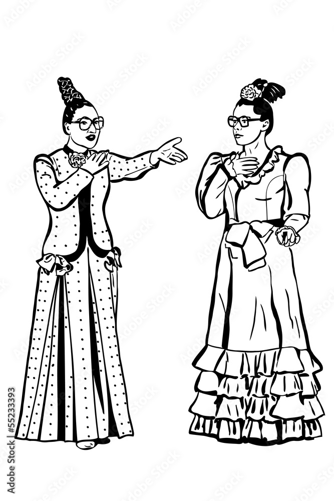 a sketch retro young woman spectacled and long dress