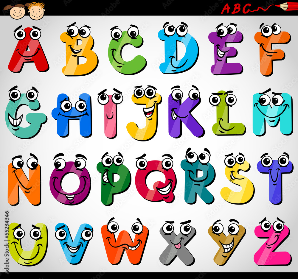 Naklejka premium wielkie litery alfabetu ilustracja kreskówka