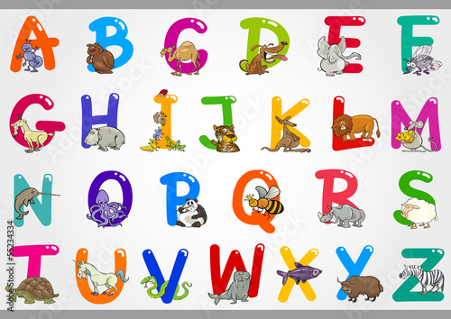 Cartoon Alphabet with Animals Illustrations #55234334