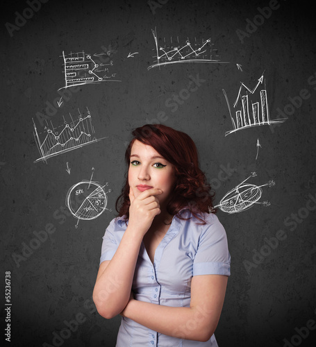 Young woman thinking with charts circulation around her head