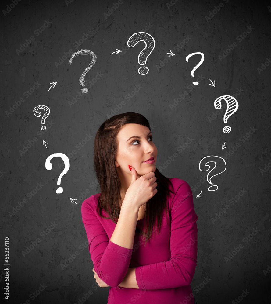 Young woman thinking with question mark circulation around her h Young woman thinking with question mark circulation around her h