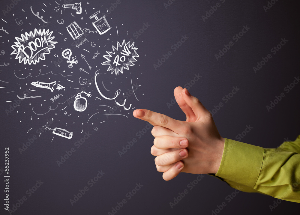 Sketched explosives coming out of gun shaped hands Sketched explosives coming out of gun shaped hands