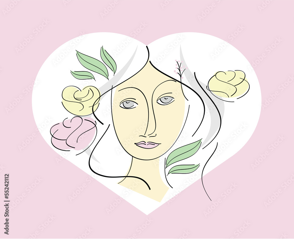 Woman with rose and leave in heart shape. Woman with rose and leave in heart shape.