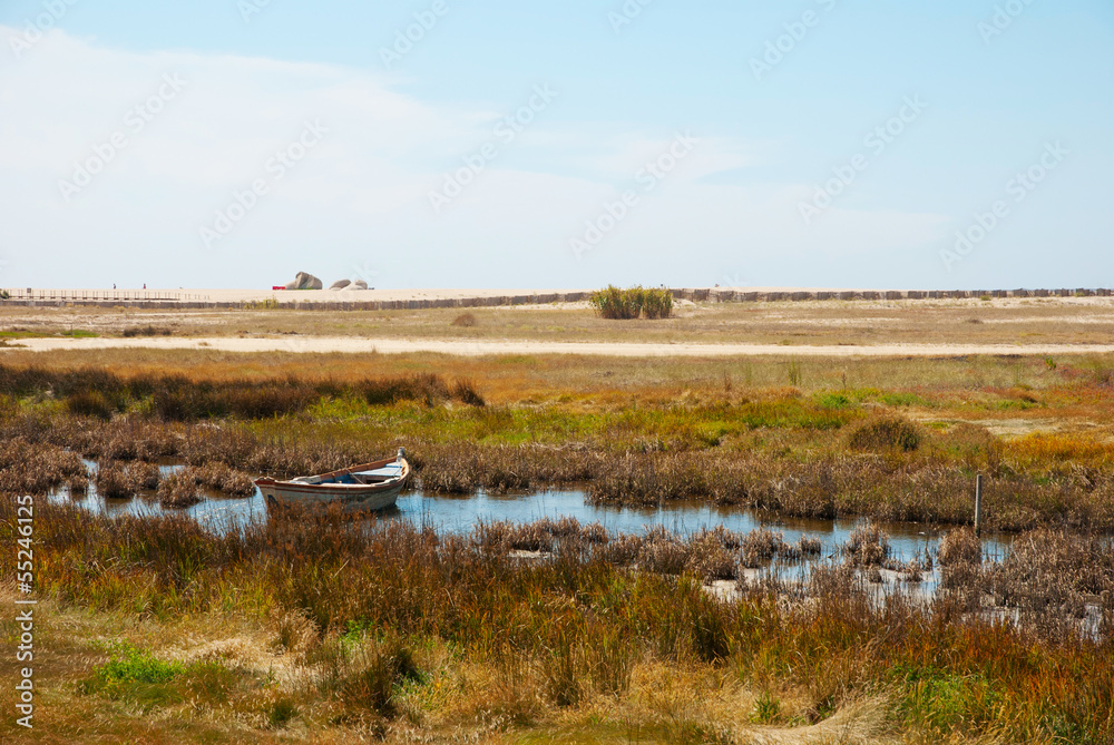 Boat in the marshes of Douro river, Portugal