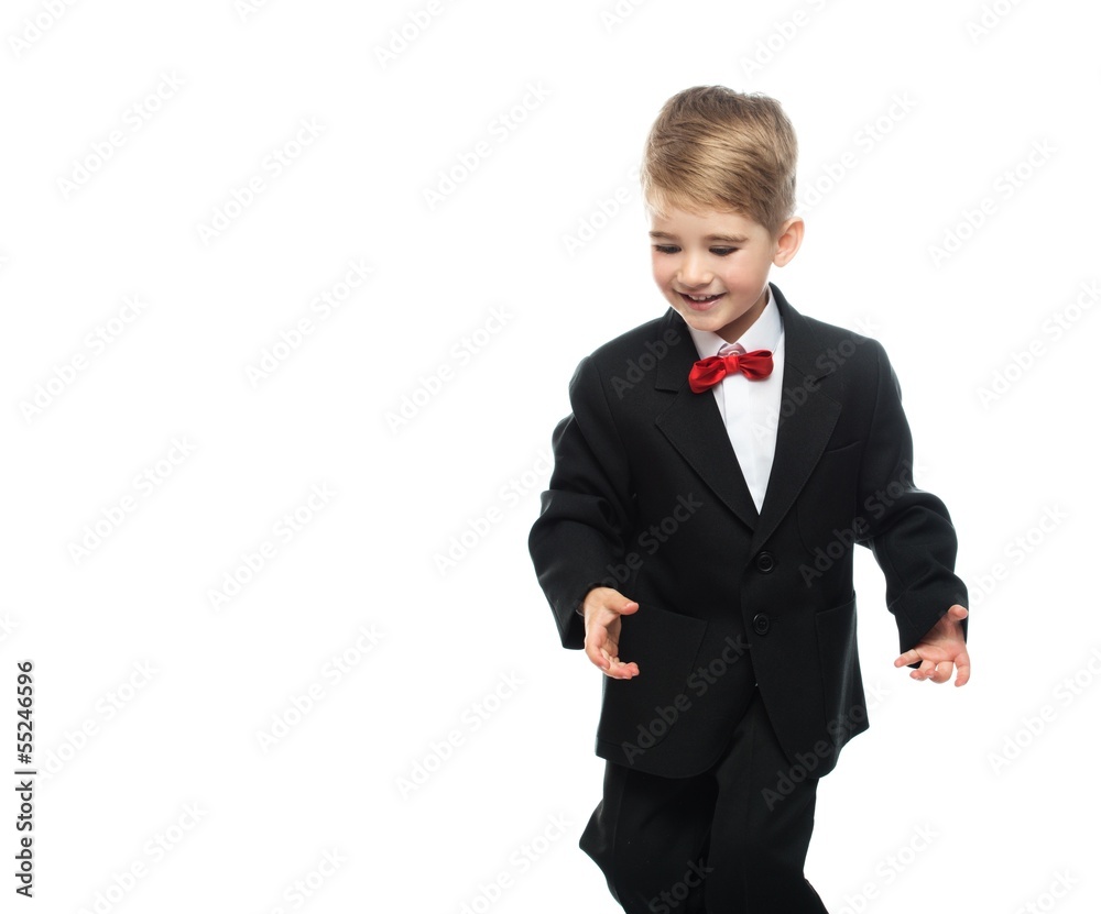 Little boy in black suit isolated on white background Little boy in black suit isolated on white background