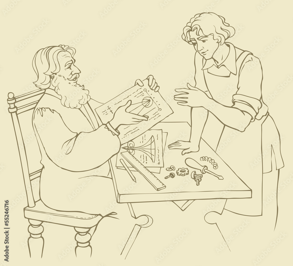 Vector illustration. Wise master of medieval Europe teaches his Vector illustration. Wise master of medieval Europe teaches his