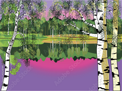 Landscape witn birch and lake