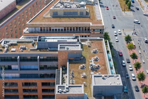 Aerial view at roofs modern office buildings