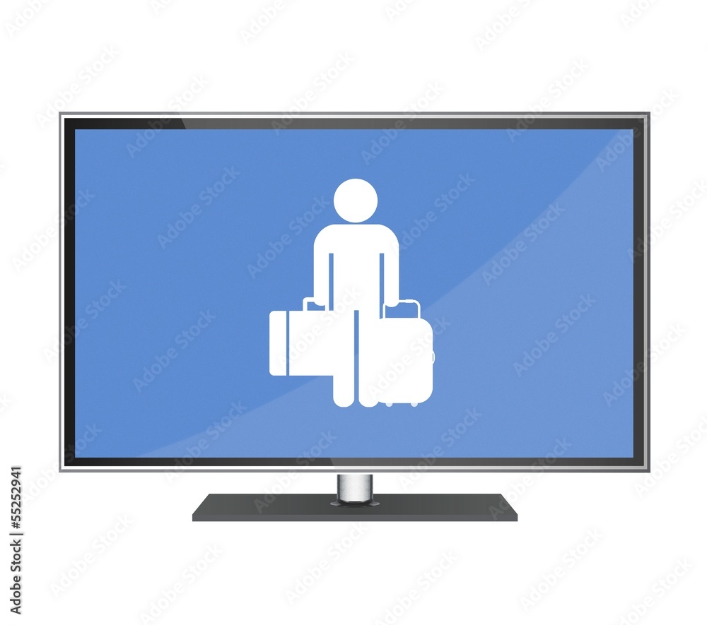 Touriste avec ses valises dans un écran de télévision Touriste avec ses valises dans un écran de télévision