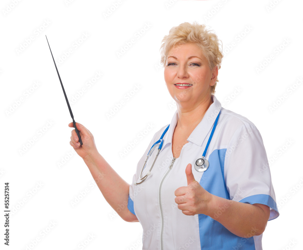 Mature doctor with pointer shows ok sign