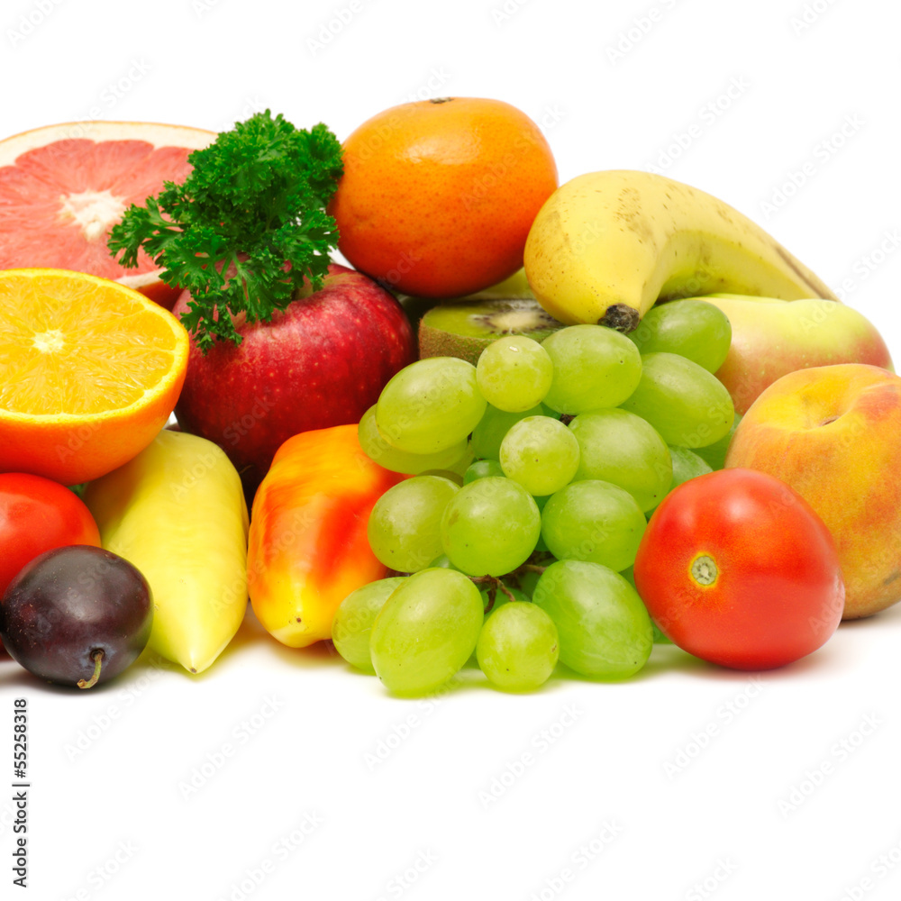 fresh fruits and vegetables on white background