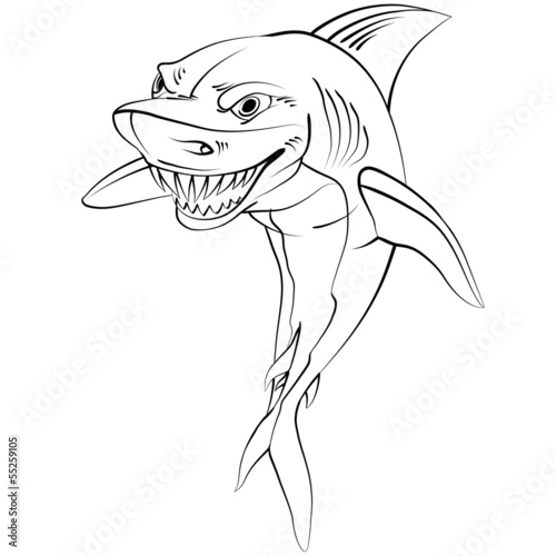 Cartoon shark . Drawing style black on white. Stock Vector | Adobe Stock