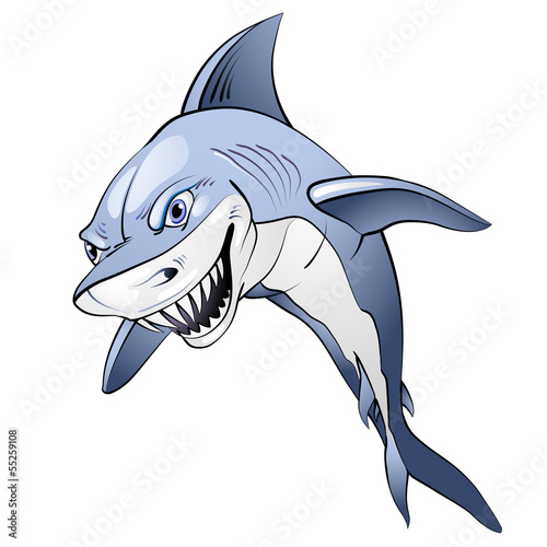 Cartoon blue shark over white background
