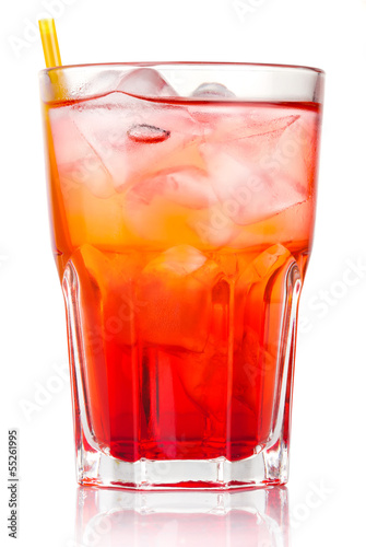Red alcohol cocktail with ice and straw isolated