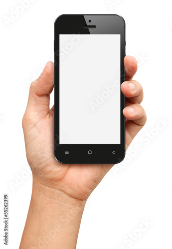 Hand holding Black Smartphone with blank screen