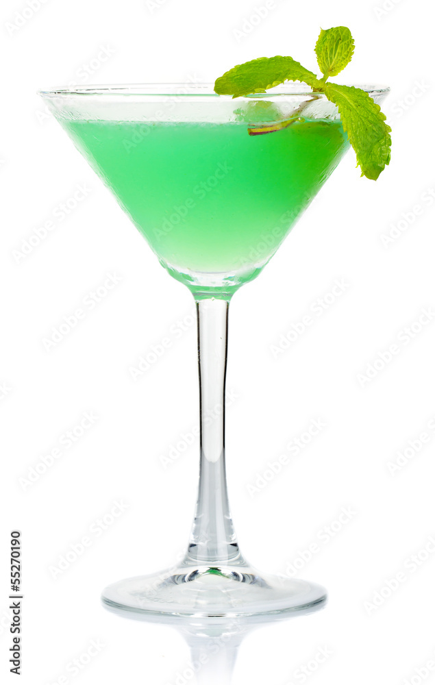 Green alcohol cocktail with fresh mint leaves isolated on white