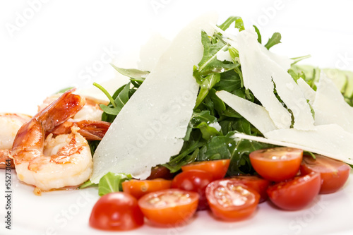 shrimp salad greens and avocado cheese and tomatoes