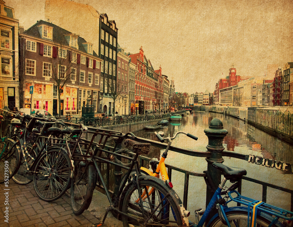 Amsterdam, Netherlands . Photo in retro style. Paper texture.