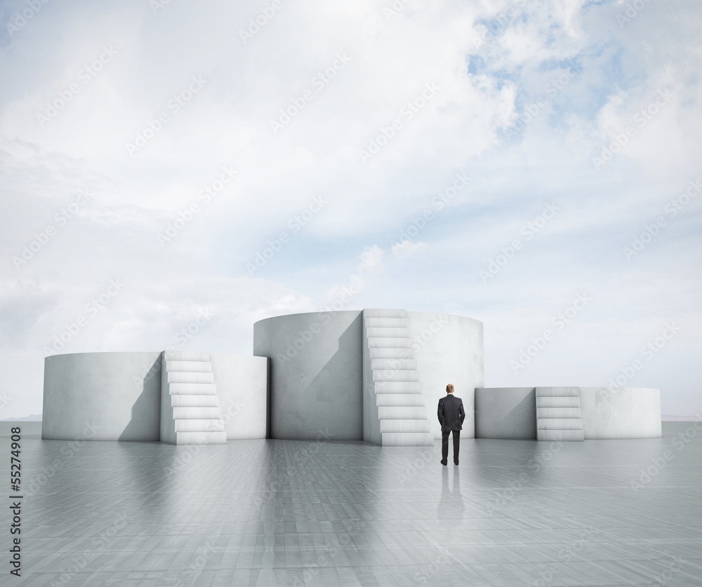 Obraz premium man looking at empty podium with stairs