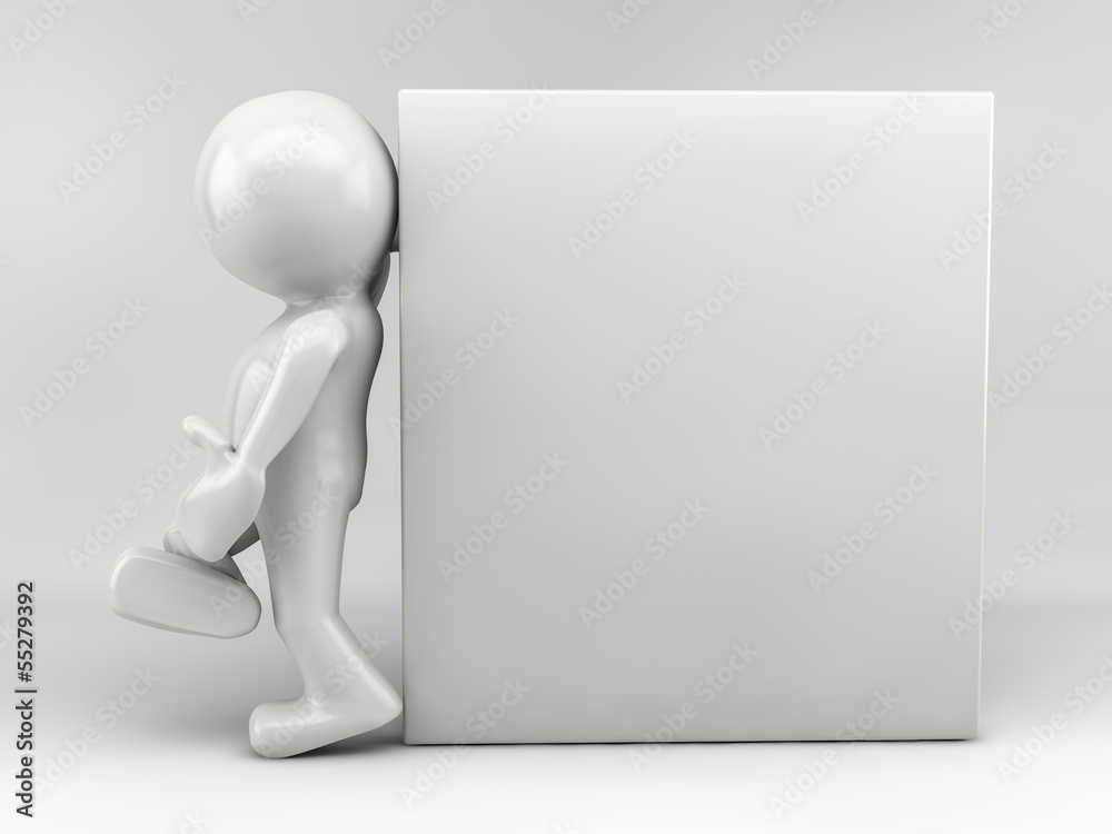 3d man with relaxed attitude leaning on white board 3d man with relaxed attitude leaning on white board