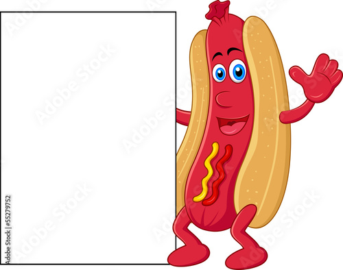 Hot dog cartoon character with blank sign