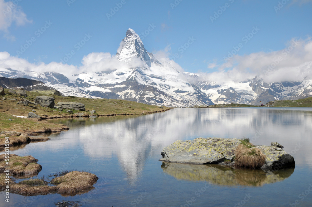 Matterhorn reflected in Stellisee lake in Swiss Alps