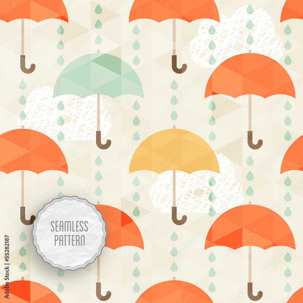 Obraz premium Umbrella, rain drops and clouds. Vector illustration