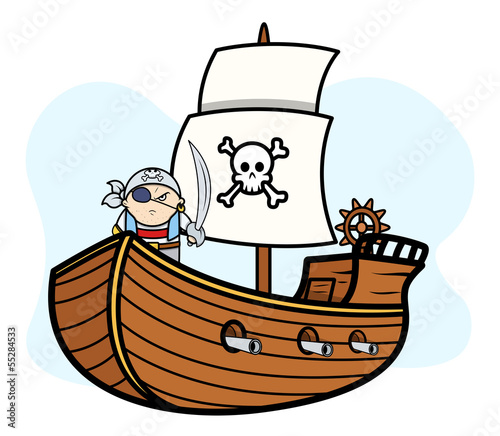 Eye Patched Captain Pirate on Pirate Ship - Vector Illustration