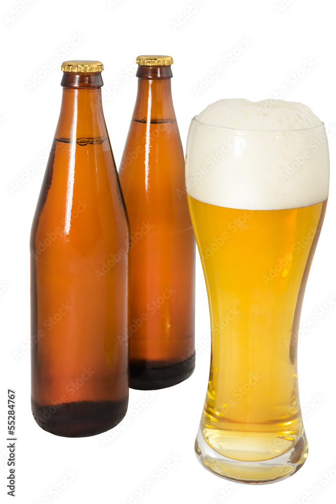 two bottles of beer and a glass of beer