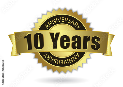 "10 Years Anniversary" - golden stamp with ribbon, Vector EPS 10