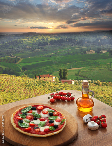 Italian pizza in Chianti, Tuscany landscape, Italy