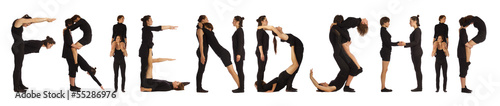 Group of black dressed people standing forming FRIENDSHIP word