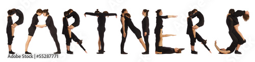 people standing over white forming PARTNERS word